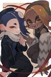  2girls adjusting_scarf arm_support asymmetrical_hair beanie beret black_beret black_jacket black_pants black_shirt blue_hair blue_shirt breasts brown_hat closed_mouth colored_eyelashes commentary_request crop_top dark-skinned_female dark_skin earrings fangs film_grain forehead frye_(splatoon) gold_necklace hair_ornament hair_over_one_eye hat highres inkling invisible_chair jacket jewelry long_hair long_sleeves looking_at_viewer medium_hair multiple_earrings multiple_girls necklace octoling off_shoulder official_alternate_costume one_eye_covered open_clothes open_jacket open_mouth orange_eyes orange_hair pants prat_rat red_eyes red_ribbon ribbon scarf shirt shiver_(splatoon) sitting small_breasts splatoon_(series) splatoon_3 star-shaped_pupils star_(symbol) striped_clothes striped_scarf suction_cups symbol-shaped_pupils tentacle_hair waving white_jacket white_scarf x_hair_ornament yokozuwari 