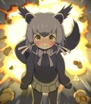  1girl :i animal_ears binturong_(kemono_friends) binturong_girl black_gloves blush bow bowtie explosion food frilled_sleeves frills fur_trim gloves grey_hair grey_pantyhose grey_sweater hair_between_eyes highres kemono_friends kemono_friends_3 long_sleeves looking_at_viewer multicolored_hair nose_blush onefiresticks pantyhose pleated_skirt popcorn pout puffy_sleeves short_hair sidelocks skirt solo sweater tail two-tone_hair white_fur white_skirt yellow_eyes 