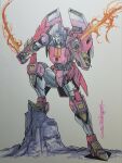  alex_milne arcee autobot blue_lips breasts dual_wielding flaming_sword flaming_weapon highres holding humanoid_robot insignia medium_breasts robot robot_girl science_fiction solo sword the_transformers_(idw) thighs traditional_media transformers weapon yellow_eyes 