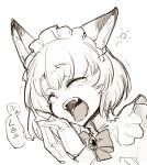  1girl animal_ears bow closed_eyes fangs fox_ears fox_girl gloves gosu_mei_(sakifox) highres light_blush maid maid_headdress medium_hair monochrome open_mouth original own_hands_clasped own_hands_together sakifox simple_background sketch solo speech_bubble squeans tears teeth tongue trembling upper_body white_background yawning 