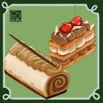  artist_logo cake cherry cream food food_focus fruit highres icing no_humans original pastry swiss_roll yuki00yo 