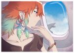 1girl aircraft airplane airplane_interior airplane_wing alternate_costume blue_sky border bracelet breasts brown_shirt casual closed_mouth clouds collarbone crmanzana day death-sensei_(mori_calliope) earrings feathers gradient_hair green_hair hand_up highres hololive hololive_english jewelry looking_outside medium_hair multicolored_hair orange_hair pink_nails profile shirt skull_earrings sky solo stud_earrings takanashi_kiara upper_body violet_eyes virtual_youtuber white_border window 