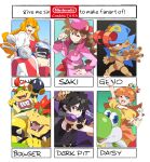  3girls black_hair black_undershirt blue_eyes blue_hat bob-omb bowser bowser_jr. bracelet brown_hair character_name character_request crown dark_pit earrings father_and_son geno_(mario) gloves helmet highres jewelry kid_icarus kid_icarus_uprising laurel_crown looking_at_viewer mini_crown mona_(warioware) multiple_drawing_challenge multiple_girls one_eye_closed orange_hair princess_daisy puffy_short_sleeves puffy_sleeves rakugaki_shiro red_eyes redhead short_sleeves six_fanarts_challenge spiked_bracelet spikes super_mario_bros. super_mario_rpg warioware white_gloves yoshi 