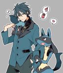  1boy blue_hair blue_jacket candy chocolate chocolate_bar fang food heart hiyokko_ep jacket long_sleeves lucario male_focus musical_note outline pokemon pokemon_(creature) pokemon_dppt red_eyes riley_(pokemon) riolu spoken_musical_note white_outline 