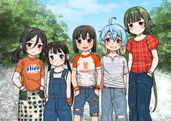  5girls ahoge alternate_costume blonde_hair blue_eyes brown_eyes casual daitou_(kancolle) denim denim_shorts feet_out_of_frame gradient_hair green_eyes green_hair grin hair_ornament hairclip hands_in_pockets harukaze_unipo height_difference inagi_(kancolle) jeans kaiboukan_no._22_(kancolle) kantai_collection long_hair low_ponytail low_twintails multicolored_hair multiple_girls noumi_(kancolle) orange_shirt orange_wristband overalls pants plaid_clothes plaid_shirt polka_dot polka_dot_skirt raglan_sleeves red_eyes red_shirt sado_(kancolle) shirt short_hair shorts skirt sleeveless sleeveless_shirt smile torn_clothes torn_jeans torn_pants torn_shorts twintails watch watch white_shirt white_skirt 