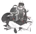  1boy animal animal_on_lap arknights armor cat chong_yue_(arknights) closed_eyes coat commentary_request dragon_boy dragon_horns dragon_tail earrings facing_animal full_body greyscale hand_up horns indian_style jewelry jjeobjjeobdogta_(wjqwjqehrxk) korean_commentary long_hair long_sleeves low_ponytail male_focus monochrome multicolored_hair on_lap open_mouth pauldrons petting pointy_ears rerebrace shedding shedding_fur shoes shoulder_armor simple_background single_sleeve sitting streaked_hair tail white_background wide_sleeves 