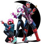  1girl 2boys absurdres boots commentary crescent electric_guitar guitar hand_on_own_hip heartbreak_juan highres hood hoodie instrument knee_boots marvel multiple_boys red_footwear shoes signature sneakers spider-gwen spider-man:_across_the_spider-verse spider-man_(miles_morales) spider-man_(series) spider-punk spider-verse spikes superhero_costume tsuki_ni_kawatte_oshioki_yo two-tone_bodysuit vans 