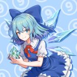  1girl absurdres blue_bow blue_dress blue_eyes blue_hair bow bowtie circled_9 cirno closed_mouth commentary_request detached_wings dress frozen frozen_frog hair_bow highres ice ice_wings looking_at_viewer pinafore_dress puffy_short_sleeves puffy_sleeves red_bow red_bowtie short_sleeves sleeveless sleeveless_dress smile solo touhou wings xiaoyu_yao_(htx1993601) 