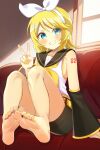  &gt;:) 1girl absurdres aqua_eyes bare_shoulders barefoot belt black_sailor_collar black_shorts black_sleeves blonde_hair bow couch detached_sleeves flat_chest grin hair_bow hair_ornament hairclip headphones headset highres kagamine_rin knee_to_chest light_blush looking_at_viewer meruko-san midriff_peek nail_polish neckerchief number_tattoo red_couch sailor_collar shirt short_hair shorts shoulder_tattoo sitting sleeveless sleeveless_shirt smile solo tattoo toenail_polish toenails treble_clef v v-shaped_eyebrows vocaloid window yellow_belt yellow_nails yellow_neckerchief 
