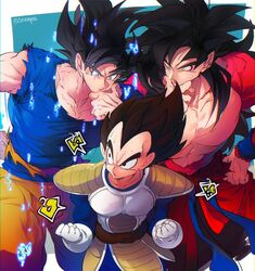  black_hair blue_eyes blue_sash blue_wristband dougi dragon_ball dragon_ball_heroes dragon_ball_super gloves grey_eyes long_hair monkey_boy monkey_tail multiple_boys muscular muscular_male ommmyoh open_mouth pants red_fur saiyan sash son_goku son_goku_(xeno) spiky_hair super_saiyan super_saiyan_4 tail time_patrol_(dragon_ball) twitter_username ultra_instinct vegeta yellow_eyes 