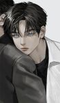  2boys black_hair black_jacket black_shirt blue_eyes closed_mouth eriol_s2 expressionless grey_background head_on_another&#039;s_shoulder highres jacket looking_to_the_side male_focus multiple_boys original portrait shirt short_hair simple_background solo_focus white_jacket 