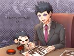  2boys argyle_background arms_on_table black_eyes black_footwear black_hair blazer buttons chibi clone collared_jacket collared_shirt commentary_request crest danganronpa_(series) danganronpa_3_(anime) dated english_text grey_background grey_jacket grey_pants grey_suit happy happy_birthday holding holding_pen ink_stamp jacket kirigiri_jin lapels layered_sleeves light_blush long_sleeves looking_at_another male_focus multiple_boys necktie nib_pen_(object) notched_lapels on_chair open_mouth pants paper pen pink_necktie pocket shirt shoes short_hair simple_background sitting smile solid_eyes spiky_hair stamp_mark suit violet_eyes white_shirt yumaru_(marumarumaru) 