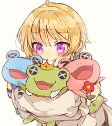  1boy ahoge blonde_hair blush crown earrings idolmaster idolmaster_side-m jewelry kaerre long_sleeves looking_at_object loose_hair_strand male_focus mini_crown nk_nemumi pierre_bichelberger portrait shirt short_hair simple_background smile solo stuffed_animal stuffed_frog stuffed_toy violet_eyes white_background white_shirt 