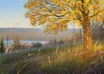  autumn autumn_leaves bare_tree blue_sky bush day field film_grain forest grass highres hill horizon lake leaf nature no_humans original outdoors poupee_(capo_sung) scenery sky tall_grass tree 