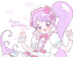  1girl :d blunt_bangs blush bow center_frills commentary_request dated dress frilled_dress frills hands_up happy_birthday idol_clothes lolita_fashion long_hair looking_at_viewer manaka_non open_mouth pink_bow poro_(pweedro) pretty_series pripara puffy_short_sleeves puffy_sleeves purple_hair short_sleeves side_ponytail simple_background sleeves_past_wrists smile solo sweet_lolita very_long_hair violet_eyes white_background white_dress wrist_cuffs 