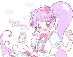  1girl :d blunt_bangs blush bow center_frills commentary_request dated dress frilled_dress frills hands_up happy_birthday idol_clothes lolita_fashion long_hair looking_at_viewer manaka_non open_mouth pink_bow poro_(pweedro) pretty_series pripara puffy_short_sleeves puffy_sleeves purple_hair short_sleeves side_ponytail simple_background sleeves_past_wrists smile solo sweet_lolita very_long_hair violet_eyes white_background white_dress wrist_cuffs 