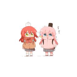  2girls backpack bag blue_eyes bocchi_the_rock! bow-tied_scarf brown_cardigan brown_footwear cardigan chibi cube_hair_ornament gotoh_hitori grey_skirt hair_between_eyes hair_ornament instrument_case jacket kita_ikuyo long_hair multiple_girls one_side_up pants pants_under_skirt pink_hair pink_jacket pink_pants pleated_skirt rebecca_(keinelove) red_scarf redhead scarf shadow shoes simple_background skirt socks track_jacket track_pants track_suit translation_request trembling very_long_hair white_background white_socks yellow_eyes 