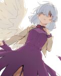  1girl absurdres angel_wings arm_at_side bow bowtie breasts brooch commentary_request cowboy_shot d: dress from_below grey_hair hair_over_one_eye hand_on_own_chest hand_up highres idaku jewelry kishin_sagume large_breasts medium_hair parted_lips purple_dress red_bow red_bowtie red_eyes simple_background single_wing solo thigh_gap touhou white_background wings 