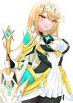  1girl absurdres aegis_sword_(xenoblade) arm_guards bare_shoulders black_pantyhose blonde_hair breasts chest_jewel commentary_request dress drop_earrings earrings elbow_gloves gem gloves highres holding holding_sword holding_weapon jewelry large_breasts long_hair microdress mythra_(massive_melee)_(xenoblade) mythra_(xenoblade) neon_trim pantyhose solo suspenders swept_bangs sword thigh_strap tiara uji10ukifune upper_body very_long_hair weapon white_background white_dress white_gloves xenoblade_chronicles_(series) xenoblade_chronicles_2 yellow_eyes 