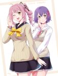  2girls ahoge blush breasts double-parted_bangs drill_hair drill_ponytail english_text hair_between_eyes ikushima_sora kugayama_rion long_hair looking_at_viewer medium_breasts multiple_girls one_eye_closed open_mouth parted_bangs pink_hair purple_hair school_uniform serafuku short_hair sidelocks simple_background single_drill skirt small_breasts smile tokyo_xanadu uniform xiacheng_tatsuya yellow_eyes 