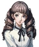  1girl black_eyes black_ribbon brown_hair commentary das_elend drill_hair fear_&amp;_hunger fear_&amp;_hunger_2:_termina frilled_shirt_collar frills lips long_hair looking_at_viewer marina_(fear_&amp;_hunger) mouth_piercing neck_ribbon official_style persona persona_4 portrait ribbon shirt short_bangs solo twin_drills white_shirt 