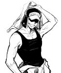  1boy arm_up commentary_request greyscale hat hat_over_eyes highres holding korean_commentary looking_at_viewer male_focus monochrome mxhxkxcx one_piece penguin_(one_piece) simple_background smile solo tank_top twitter_username upper_body 