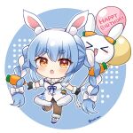  animal_ear_fluff animal_ears balloon black_gloves black_leotard black_pantyhose blue_hair braid carrot_hair_ornament carrot_in_pocket chibi don-chan_(usada_pekora) dress food-themed_hair_ornament fur-trimmed_dress fur-trimmed_footwear fur-trimmed_gloves fur_trim gloves hair_ornament happy_birthday holding holding_balloon hololive leotard leotard_under_clothes looking_at_viewer multicolored_hair omochi_(rimulovemiku) open_mouth orange_eyes pantyhose pekomon_(usada_pekora) rabbit_ears rabbit_girl shoes short_eyebrows short_hair strapless strapless_leotard streaked_hair teeth twin_braids upper_teeth_only usada_pekora usada_pekora_(1st_costume) virtual_youtuber white_dress white_footwear white_hair 