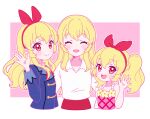  3girls :d ^_^ aged_down aikatsu! aikatsu!_(series) bad_id bad_twitter_id blonde_hair blue_jacket bow closed_eyes closed_mouth collared_shirt commentary_request cropped_torso facing_viewer flower hair_bow hairband hand_up hoshimiya_ichigo jacket jewelry long_hair long_sleeves looking_at_viewer multiple_girls multiple_persona necklace nekomachi_nao open_hand open_mouth red_bow red_eyes red_hairband school_uniform shirt sidelocks simple_background smile starlight_academy_school_uniform upper_body white_background white_shirt yellow_flower 