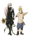  2boys aged_down arm_armor armor black_coat black_footwear black_pants black_shirt black_sweater blonde_hair blue_eyes blue_pants blush boots brown_footwear cloud_strife coat commentary feathered_wings final_fantasy final_fantasy_vii final_fantasy_vii_ever_crisis flower flower_request full_body green_eyes grey_hair halo hand_grab highres holding holding_flower knee_boots layered_shirt layered_sleeves light_smile long_hair looking_at_another low_ponytail male_focus multiple_boys outer_glow pants pauldrons sephiroth shirt short_hair shoulder_armor single_wing spiky_hair sunflower sweater t-shirt tomgoblin turtleneck turtleneck_sweater white_flower white_shirt white_wings wings yellow_flower yellow_wings 