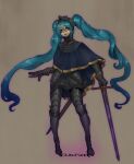 1girl absurdres armor blue_cloak blue_eyes blue_hair chainmail cloak dark_souls_(series) english_commentary faulds full_armor full_body gauntlets gold_trim greaves hatsune_miku high_collar highres holding holding_sword holding_weapon long_hair ministerovvox outer_glow purple_outline runes scabbard sheath solo sword twintails very_long_hair visor_(armor) vocaloid weapon 