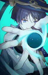  1boy aerokinesis aqua_background bishounen black_hole blue_eyes blue_hair blue_hat blunt_ends blurry chromatic_aberration close-up dark_blue_hair depth_of_field flipped_hair foreshortening genshin_impact hand_focus hat highres jacket jewelry light_smile magic male_focus open_hand ring scaramouche_(genshin_impact) short-sleeved_jacket short_hair short_sleeves simple_background solo teeth upper_body wamin wanderer_(genshin_impact) white_jacket wind wolf_cut 
