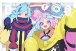  ! 1boy 1girl 217_shion_407 aqua_eyes aqua_hair blue_hair blush bow-shaped_hair dated grusha_(pokemon) highres iono_(pokemon) jacket long_hair looking_at_viewer magnemite mittens multicolored_hair notice_lines open_mouth pink_hair pokemon pokemon_(creature) pokemon_sv scarf sharp_teeth signature sleeves_past_fingers sleeves_past_wrists sparkle spoken_exclamation_mark teeth waving white_jacket 