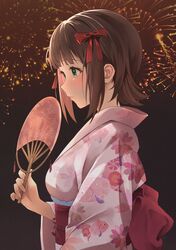  1girl absurdres amami_haruka animal_print b1ack_illust black_background brown_hair commentary_request fireworks fish_print floral_print floral_print_kimono gradient_background green_eyes hair_ribbon highres holding_fang idolmaster idolmaster_(classic) idolmaster_million_live! japanese_clothes kimono obi pink_kimono print_kimono red_ribbon ribbon sash short_hair solo upper_body yukata 