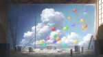  akafune balloon blue_sky box clouds cloudy_sky cumulonimbus_cloud indoors ladder mural no_humans original paint_can rolled_up_paper scenery sidelighting signature sky spray_can stool tile_floor tiles 