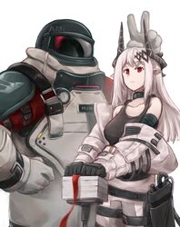  1girl 1other absurdres arknights breasts character_request cowboy_shot expressionless grey_hair hammer hazmat_suit highres holding holding_hammer horns large_breasts mudrock_(arknights) mudrock_(elite_ii)_(arknights) pointy_ears red_eyes sledgehammer tank_top thokuma v_over_head white_background 