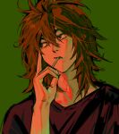  1boy black_eyes brown_hair chinese_commentary cigarette commentary_request green_background hair_between_eyes highres isoi_reiji jingli_shui male_focus medium_hair messy_hair portrait red_shirt saibou_shinkyoku shirt simple_background sketch solo 
