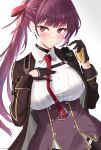  1girl absurdres asymmetrical_hair black_gloves black_jacket blush braid closed_mouth french_braid girls&#039;_frontline_2:_exilium girls_frontline gloves hair_ribbon hand_on_own_chest highres jacket long_hair looking_at_viewer necktie partially_fingerless_gloves ponytail purple_hair red_eyes red_necktie red_ribbon ribbon simple_background solo tigger_drawing twitter_username two-tone_gloves upper_body wa2000_(girls&#039;_frontline) white_background yellow_gloves 