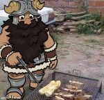  1boy beard churroach cooking dungeon_meshi dwarf facial_hair fake_horns food full_body grill grilling helmet holding holding_tongs horned_helmet horns long_beard looking_at_object male_focus parody_request photo_background senshi_(dungeon_meshi) solo standing thick_mustache tongs very_long_beard 