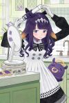  1girl absurdres apron black_dress blush cookie dress english_commentary food gloves highres hololive hololive_english long_hair mole mole_under_eye ninomae_ina&#039;nis ninomae_ina&#039;nis_(6th_costume) official_alternate_costume pointy_ears purple_hair tabby_ragtan violet_eyes 