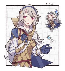  1girl armor blue_gloves blue_hairband border chainmail chibi chibi_inset commentary_request corrin_(female)_(fire_emblem) corrin_(fire_emblem) cropped_torso eyelashes fire_emblem fire_emblem_fates fire_emblem_heroes gloves gold grey_hair grid_background haconeri hairband long_hair looking_at_viewer multiple_views open_mouth outside_border pointy_ears red_eyes simple_background smile sparkle thank_you white_background white_border 