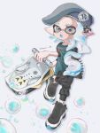  1girl beret black_footwear black_pants bloblobber_(splatoon) blue_hair commentary_request dot_nose earrings fang full_body green_shirt grey_eyes grey_hat hat highres ink_tank_(splatoon) inkling inkling_girl inkling_player_character jewelry lemo_(lemo_4) long_hair open_mouth pants pointy_ears shirt shoes simple_background skin_fang soap_bubbles solo splatoon_(series) splatoon_3 tentacle_hair v-shaped_eyebrows white_background 