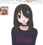  1girl ayu_mu00 azumanga_daioh black_choker brown_eyes brown_hair choker clothes_writing commentary cross_hair_ornament english_commentary hair_ornament hair_over_one_eye kasuga_ayumu long_hair looking_at_viewer microsoft_paint_(medium) microsoft_paint_(software) one_eye_covered open_mouth photo_inset screenshot sidelocks simple_background smile solo straight-on upper_body white_background 