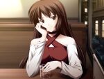  1girl akasen_gairo_~shouwa_33_nen_no_hatsuyuki~ booth_seating brown_hair cup dress drink game_cg hand_on_own_cheek hand_on_own_face holding holding_cup indoors kisugi_chihiro long_hair looking_at_viewer pov pov_across_table red_dress red_eyes ryoumoto_ken sitting smile solo table 