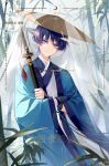  1boy artist_name bamboo blue_hair chinese_clothes chinese_text closed_mouth duijin_ruqun english_text genshin_impact hanfu hat highres holding holding_sword holding_weapon indoors japanese_clothes jiaoling_ruqun jingasa kimono leaf long_sleeves looking_at_viewer male_focus purple_hair scaramouche_(genshin_impact) sheath short_hair smile solo standing sword tassel veil violet_eyes weapon wide_sleeves xuelizi2 