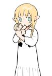  1girl aged_down blonde_hair dress dungeon_meshi elf falin_touden falin_touden_(doll) frs2 green_eyes highres hugging_doll hugging_object marcille_donato pointy_ears solo tearing_up white_dress 