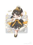  1girl black_eyes black_hair chibi crescent earrings full_body hair_ornament high_ponytail highres jewelry non-web_source ponytail solo star_(symbol) sword weapon 
