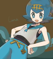  1girl :d blue_eyes blue_hair bright_pupils brown_background character_name commentary_request hairband hands_on_own_hips happy lana_(pokemon) looking_down no_sclera open_mouth pants pokemon pokemon_sm shirt short_hair sleeveless sleeveless_shirt smile solo swimsuit swimsuit_under_clothes watta02614129 white_pupils yellow_hairband 