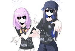  2girls arikalovesyou2 atsuko_(blue_archive) baseball_cap black_hair black_hat black_pants black_shirt blue_archive blue_hair blue_nails closed_mouth colored_inner_hair commentary_request halo hat highres long_hair looking_at_viewer multicolored_hair multiple_girls pants purple_hair purple_nails saori_(blue_archive) shirt short_sleeves simple_background smile sunglasses twintails white_background 