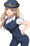  1girl absurdres bang_dream! blonde_hair blue_hat blue_pants blue_vest blush breast_pocket breasts buttons collared_shirt commentary contrapposto cowboy_shot female_service_cap hair_down hair_ornament hand_on_own_hip hat highres ichigaya_arisa large_breasts long_hair looking_at_viewer noshimurin open_mouth pants pocket shirt short_sleeves simple_background smile solo standing teeth train_attendant travel_attendant upper_teeth_only vest white_background white_shirt x_hair_ornament yellow_eyes 