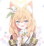  1girl absurdres animal_ear_fluff animal_ears blue_archive blue_eyes blush cat_ears emimeku flower habit hair_between_eyes hair_flower hair_ornament halo highres holding holding_flower long_hair long_sleeves looking_at_viewer mari_(blue_archive) nun open_mouth orange_hair simple_background smile solo upper_body white_background white_flower yellow_halo 